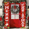 A festive red door banner decorated with Christmas wreaths, holiday greetings, and Santa Claus imagery.
