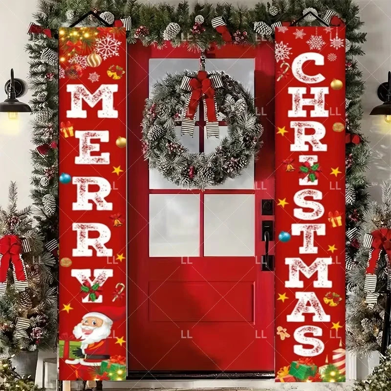 A festive red door banner decorated with Christmas wreaths, holiday greetings, and Santa Claus imagery.