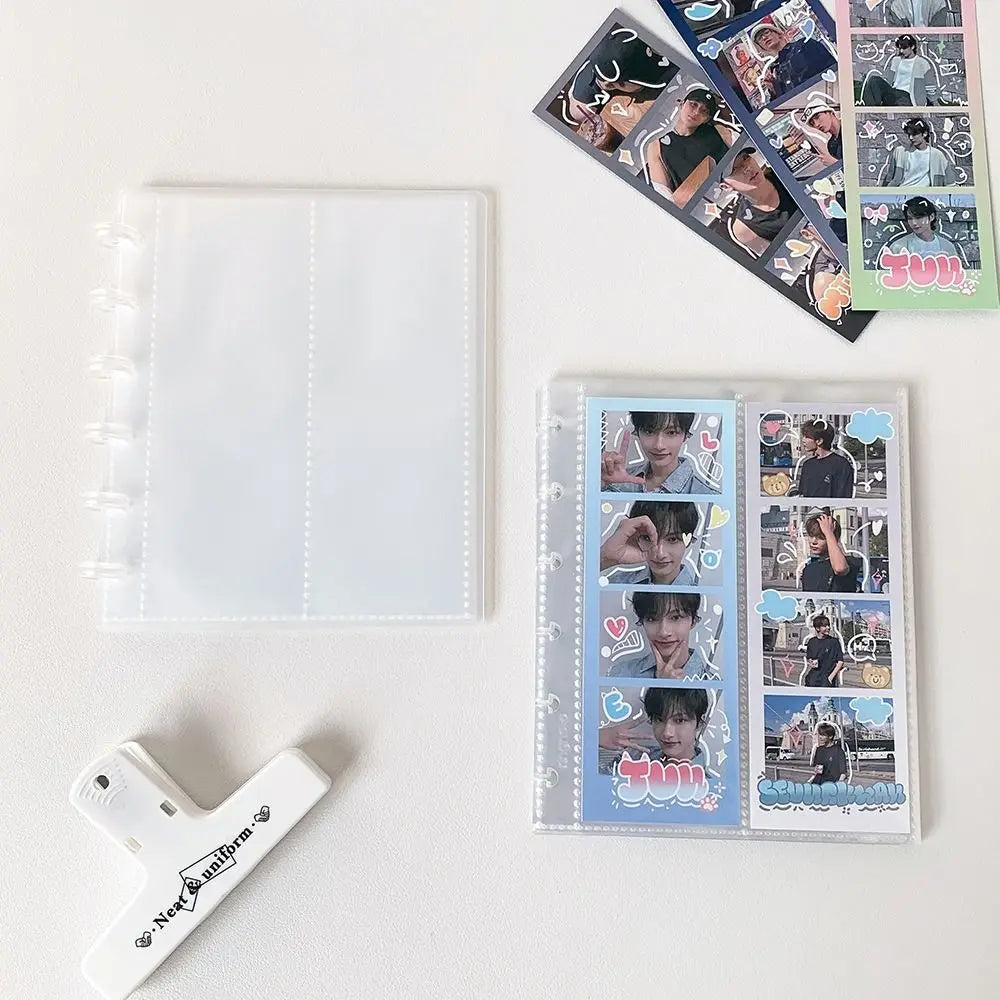 A transparent photocard album featuring a collage of photos with a mushroom hole design.