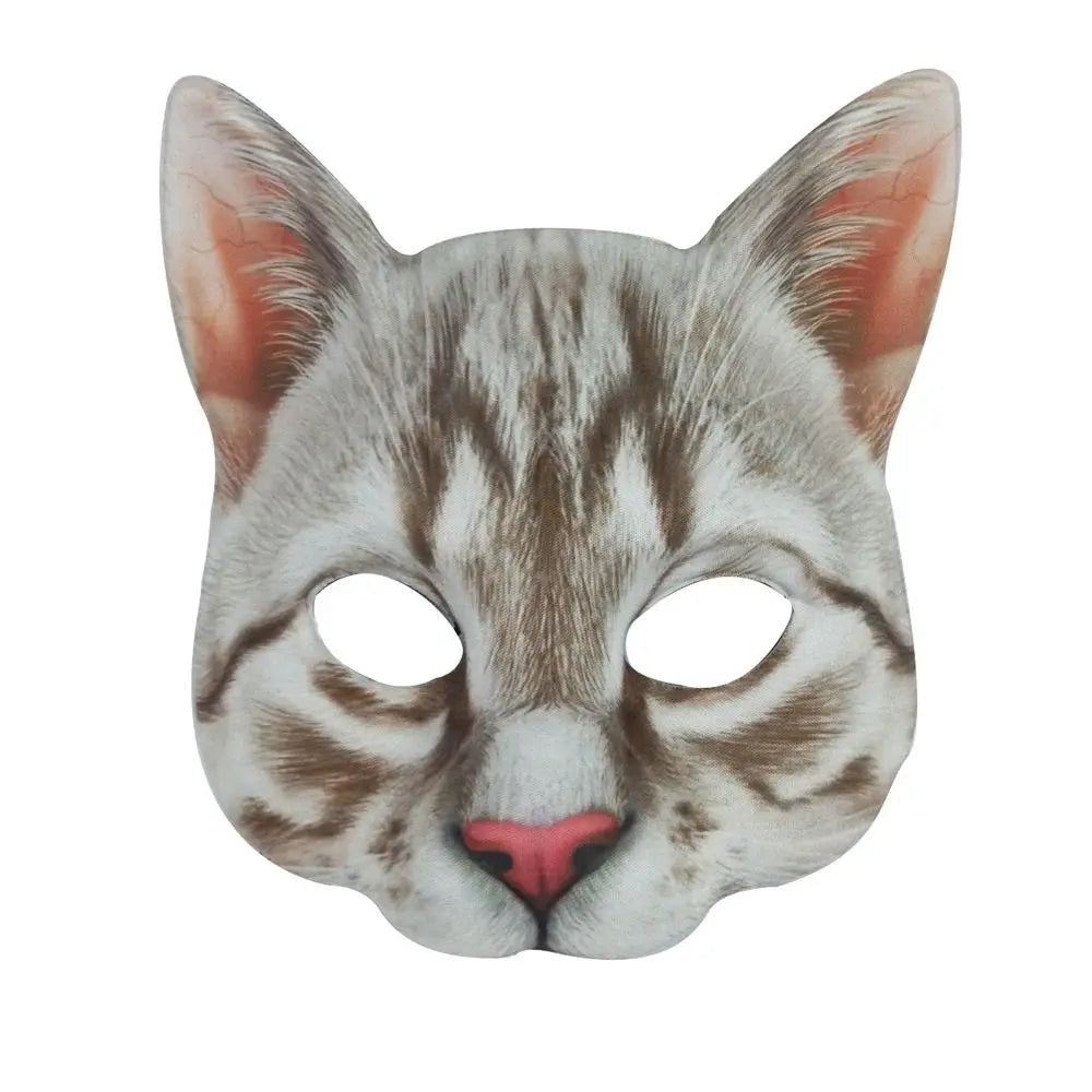 Cara de gato atigrado gris con máscara de mitad y nariz rosa para cosplay o fiesta