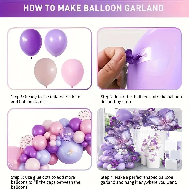 Instructions showing how to make a balloon garland using purple balloons and a decorating strip.
