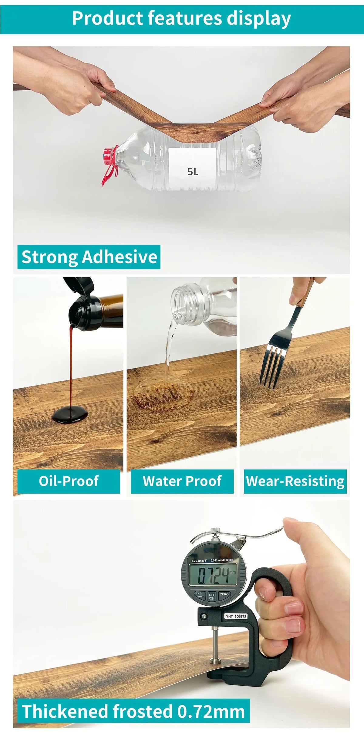 Hands display a clear bottle with a 5L volume, demonstrating strong adhesive properties and oil-proof, waterproof, and wear-r