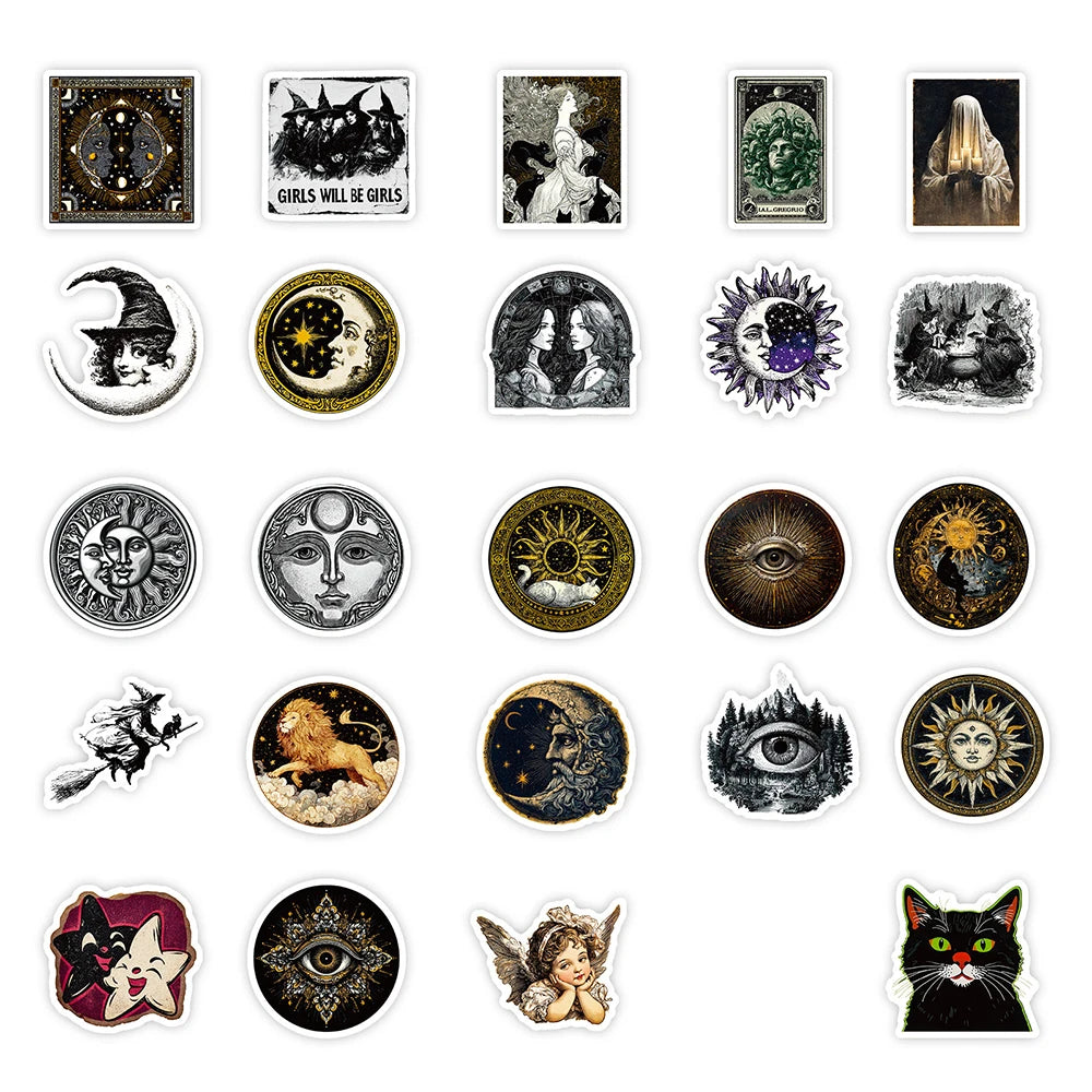 A collection of vintage art moon and sun decals featuring various celestial themes, figures, and mystical imagery.