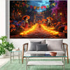 A vibrant Day of the Dead backdrop featuring a path lined with glowing candles, sugar skulls, and colorful floral patterns un