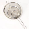 A set of three stainless steel colanders and strainers with wire handles.