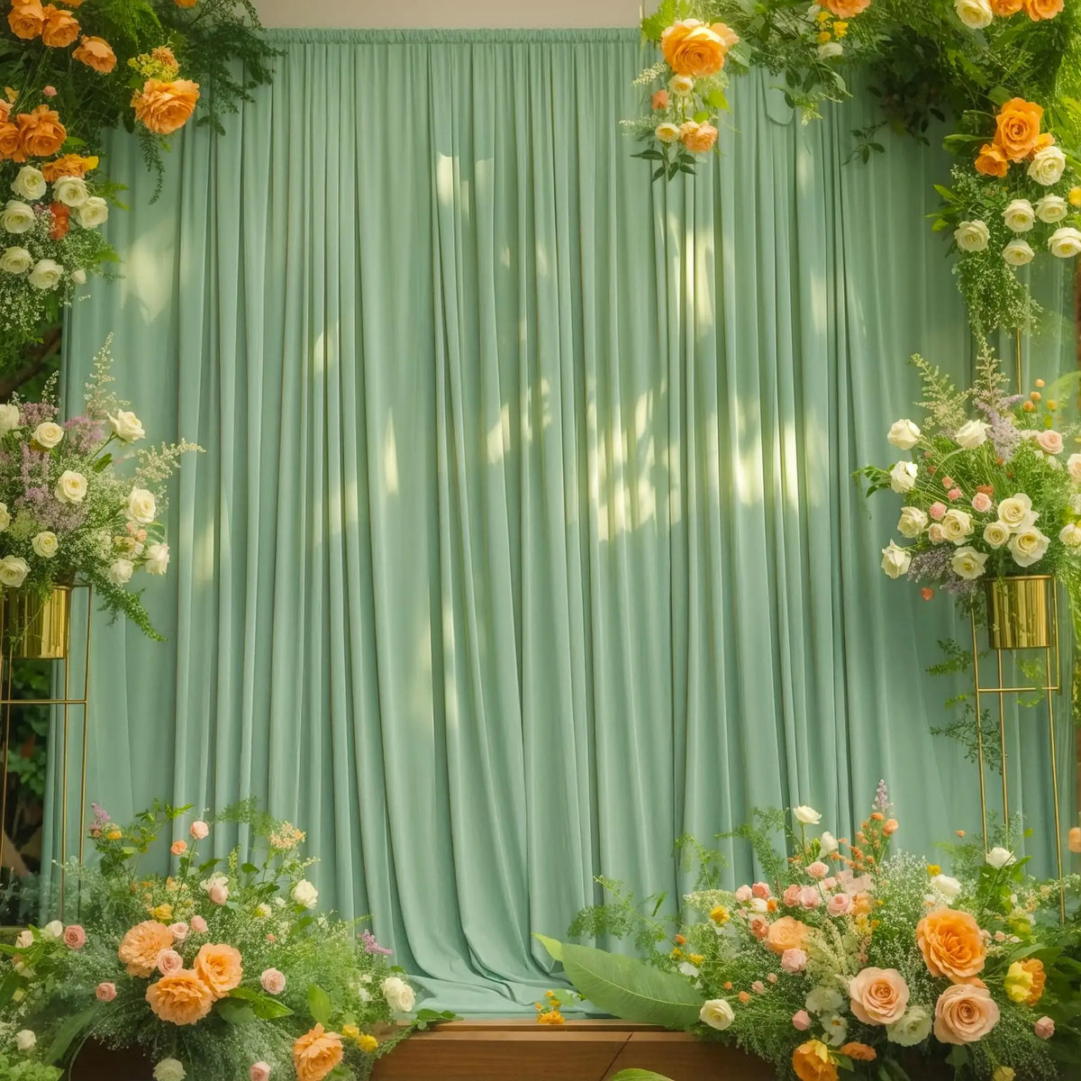 A soft mint green satin backdrop curtain decorated with floral arrangements and gold accents for parties and photography.