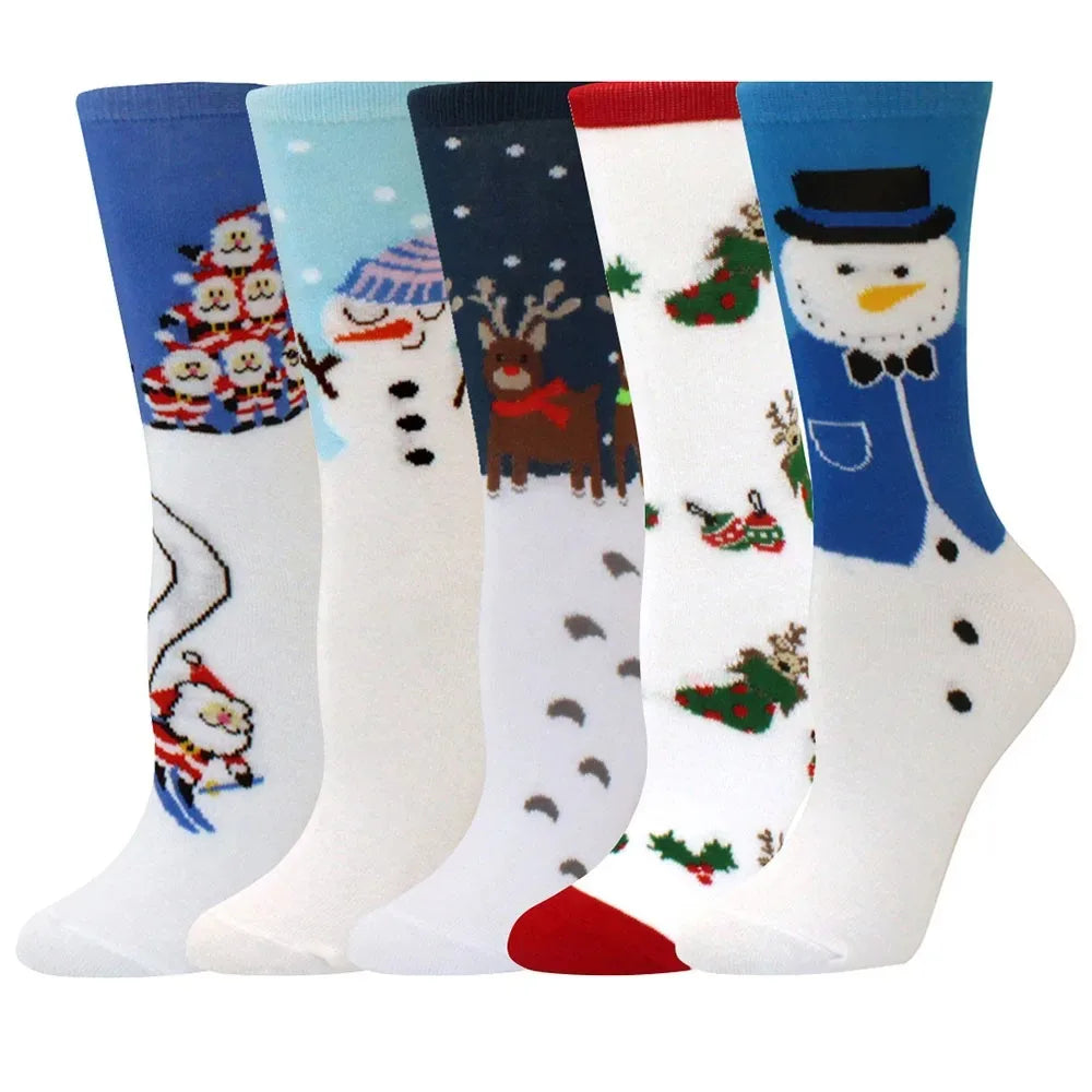 A pack of five Christmas women's socks featuring reindeer, snowmen, and festive winter patterns in blue, white, and red.