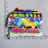 A colorful wooden fridge magnet shaped like a yellow bus with purple accents and floral details.