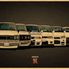 A row of white Nissan GT-R cars parked against a dark background.
