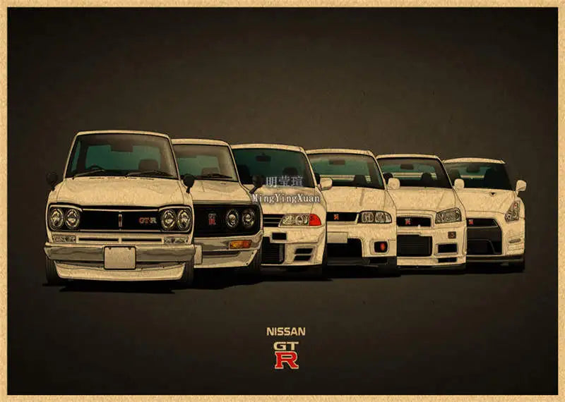 A row of white Nissan GT-R cars parked against a dark background.