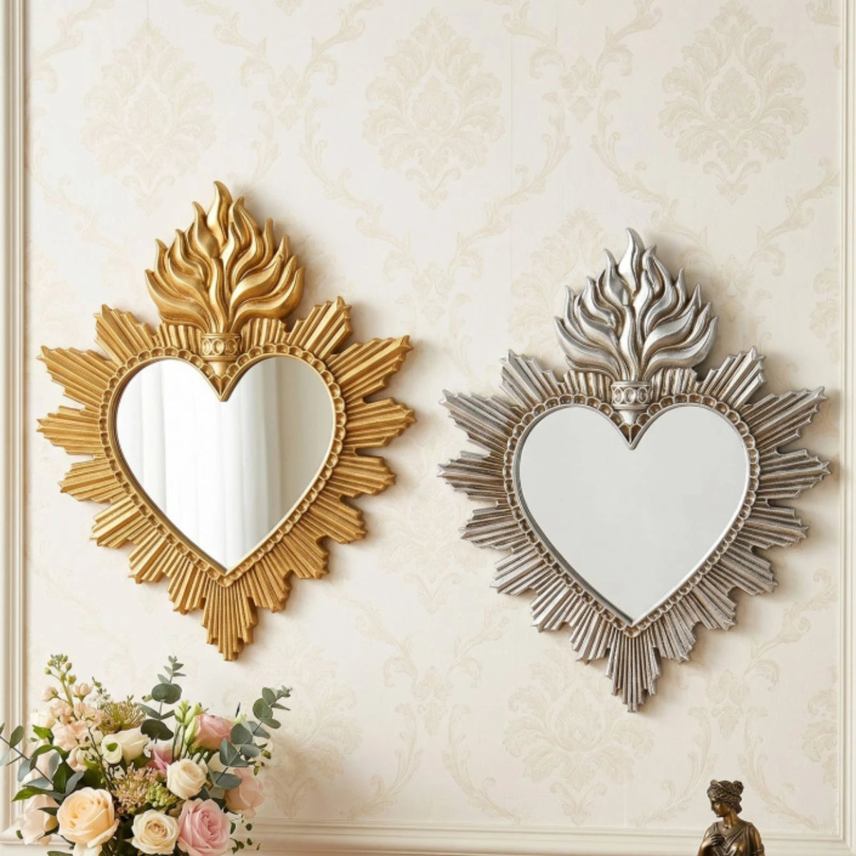 Ornate gold and silver flame heart-shaped wall mirror with decorative leaves