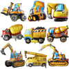 A collection of construction truck foil balloons for birthday party decor, featuring various colored trucks and equipment.