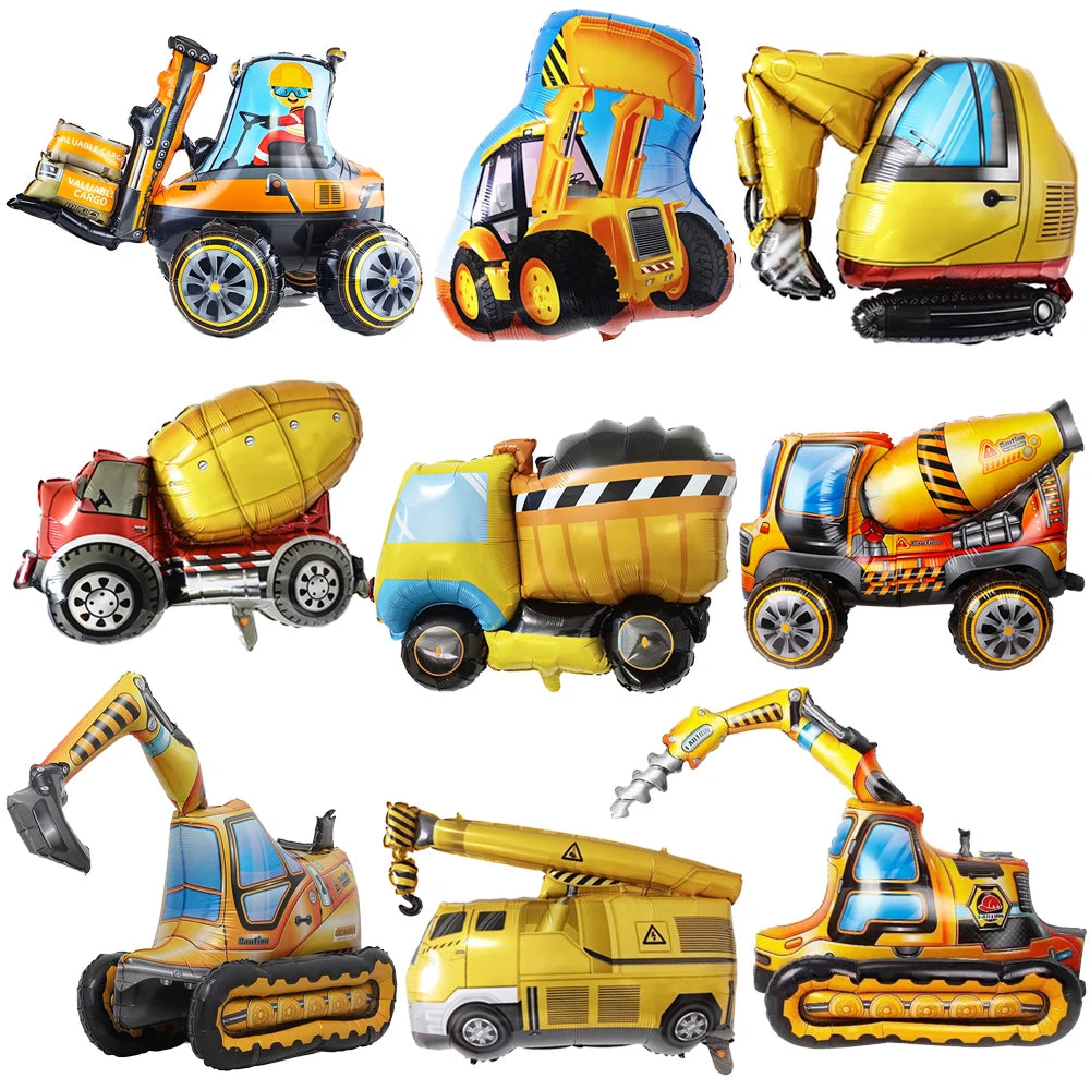 A collection of construction truck foil balloons for birthday party decor, featuring various colored trucks and equipment.