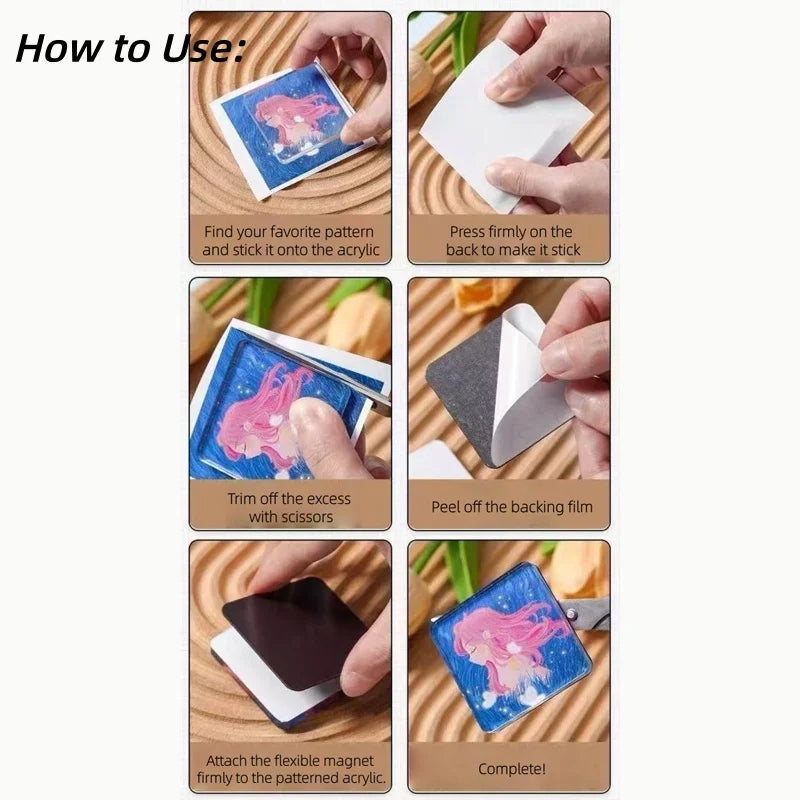 Instructions for making custom fridge magnets by pressing patterns onto acrylic and attaching magnets