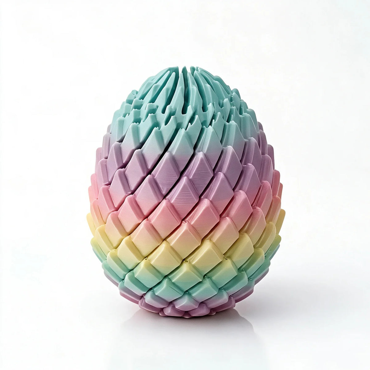 A 3D printed dragon egg stress relief toy with a colorful, iridescent gradient of pink, purple, and yellow.