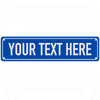 A rectangular blue sign with white text that reads YOUR TEXT HERE.