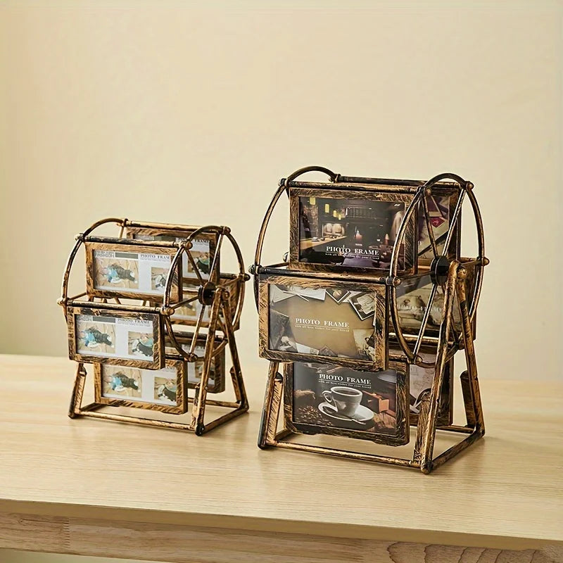A set of vintage resin rotating photo frames displayed on a light wooden surface.