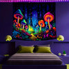 A vibrant tapestry featuring glowing mushrooms and a forest scene with purple and blue lighting.