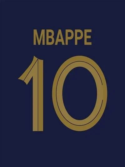 Wall art featuring the name MBAPPE and the number 10 in gold on a dark blue background.
