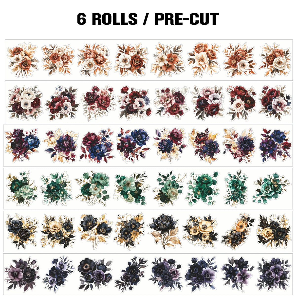 A collection of six pre-cut floral PET sticker rolls for journaling and scrapbooking