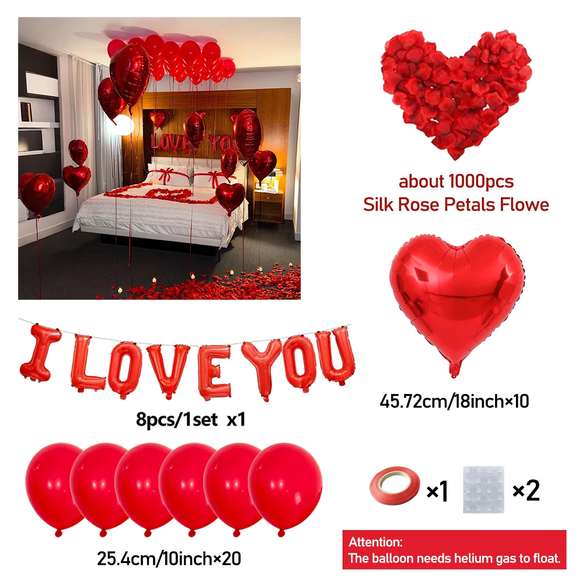A set of red heart-shaped foil balloons spelling out I LOVE YOU and a single red heart balloon