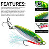 A close-up view of a metal jig fishing lure with an attached hook and storage box, showing its design features.