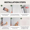 Six steps showing how to install a removable frosted glass window film on a wall.