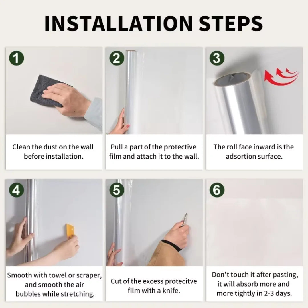 Six steps showing how to install a removable frosted glass window film on a wall.