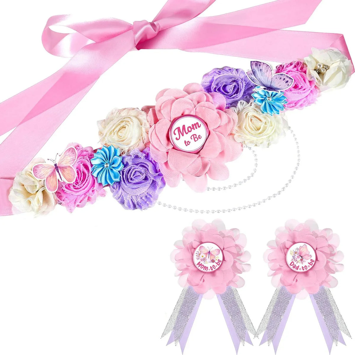 Pink and purple floral maternity sash and corsage pin set with butterfly accents