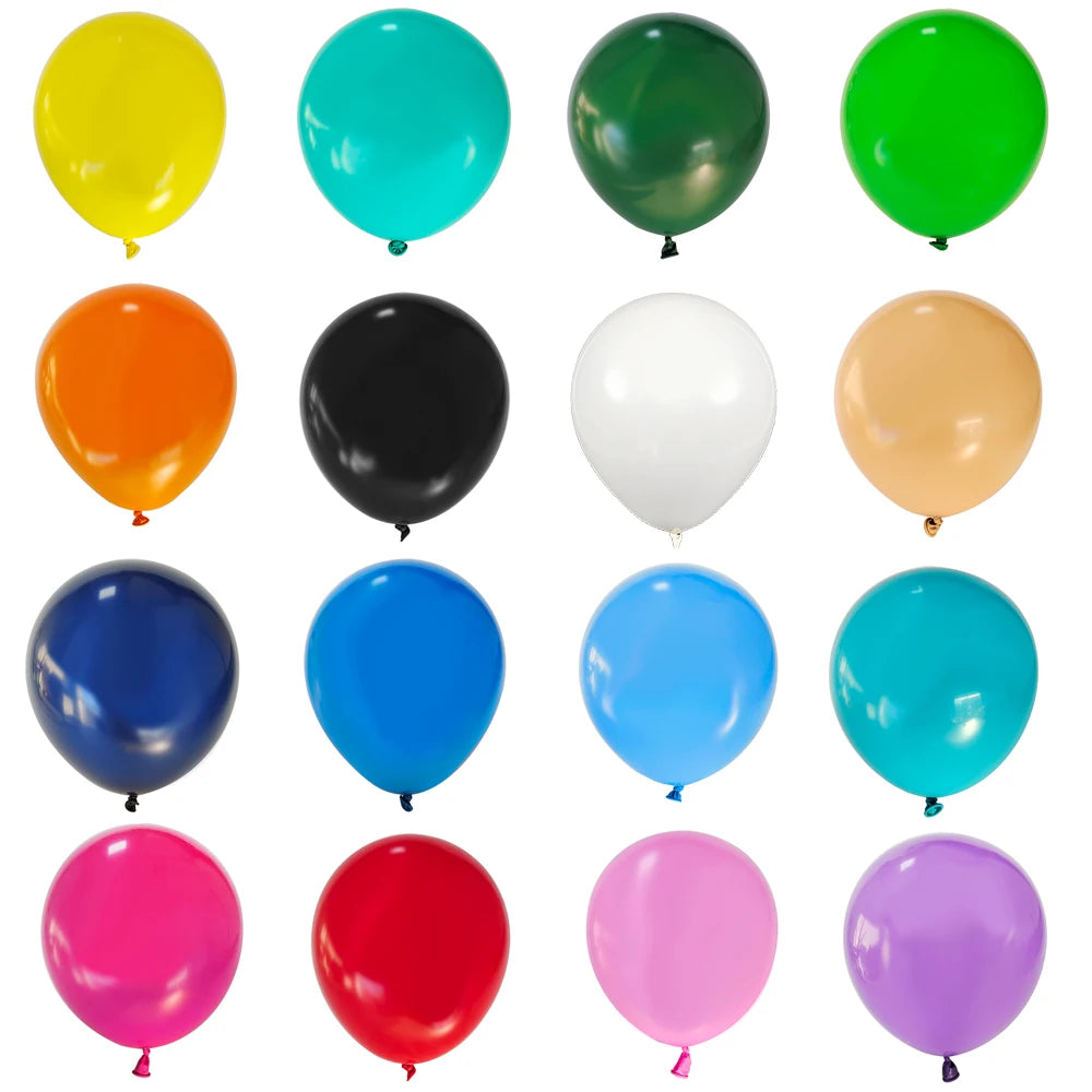 A collection of colorful matte latex balloons in yellow, teal, green, orange, black, white, tan, blue, and pink.