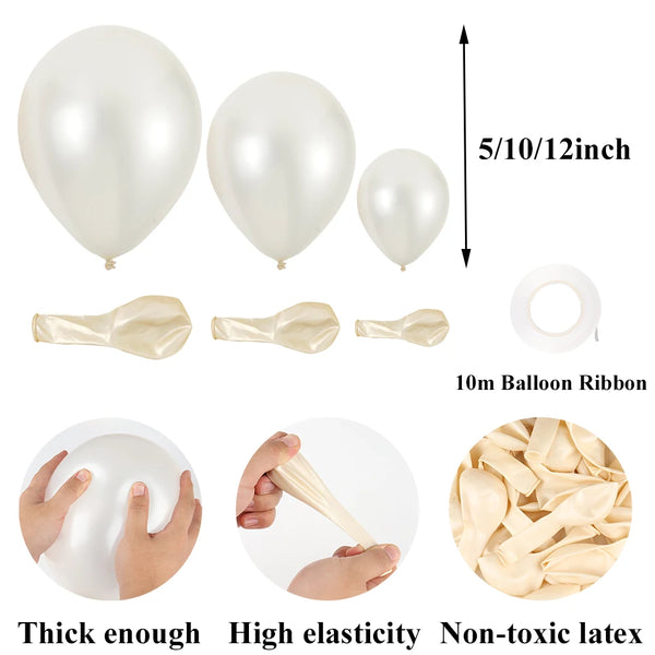 Set of pearl latex balloons in white, showing various sizes and a ribbon for party decor