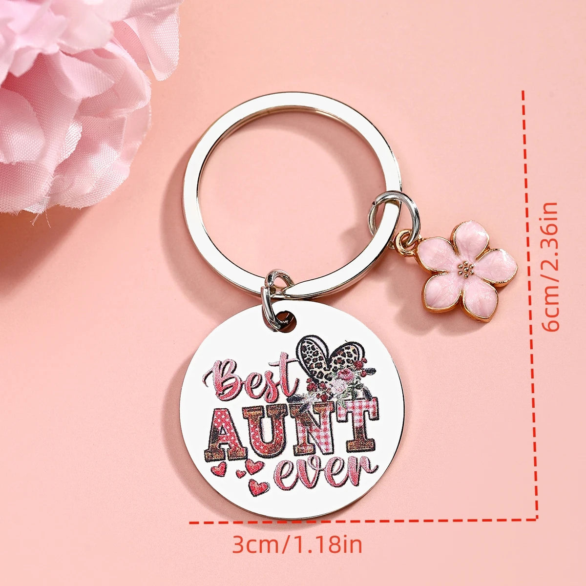 Silber-Edelstahl-Anhänger mit kreisrunder Gravur 'Best Aunt ever' und rosa Blumen-Anhänger