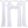 A set of two white chiffon wedding arch draping fabric panels hanging on a clothesline.