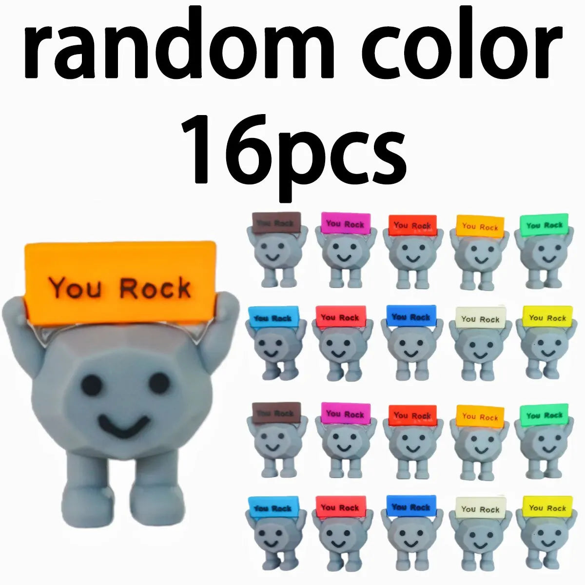 A set of 16 You Rock mini figurines featuring various facial expressions and colors for desk decor.