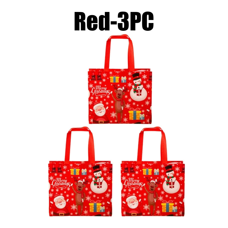 Red 3-piece set of Merry Christmas gift bags with handles featuring festive holiday designs