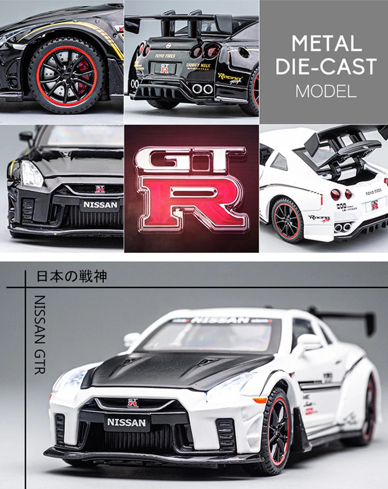 A detailed 1:32 scale diecast model of a Nissan GT-R sports car in white and black, featuring metal die-cast construction.