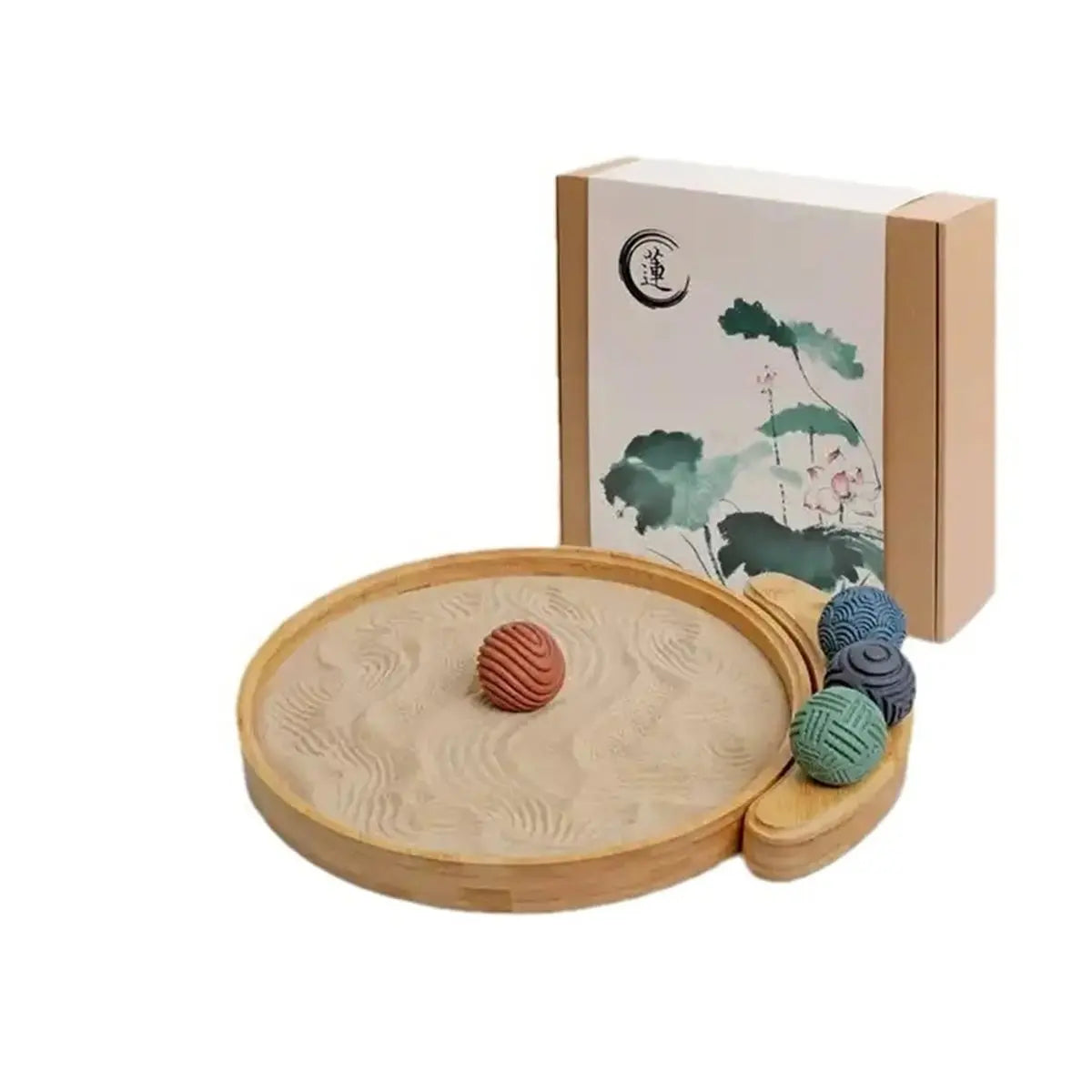 A wooden sensory sand table with a lid featuring a Japanese design and various colored sand balls.