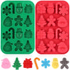A silicone mold set featuring various Christmas and festive shapes in green and red colors.