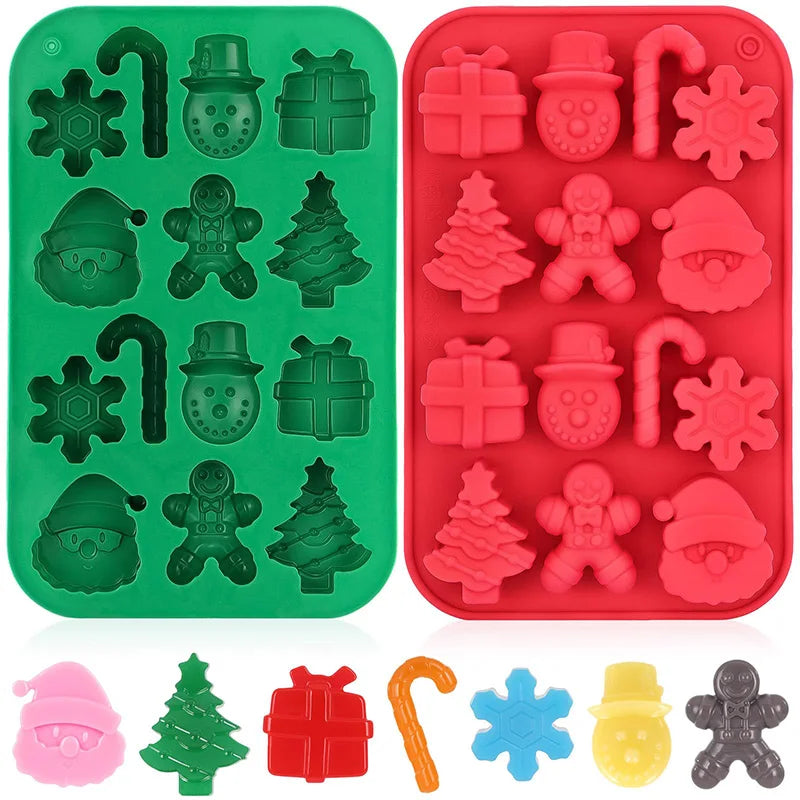 A silicone mold set featuring various Christmas and festive shapes in green and red colors.