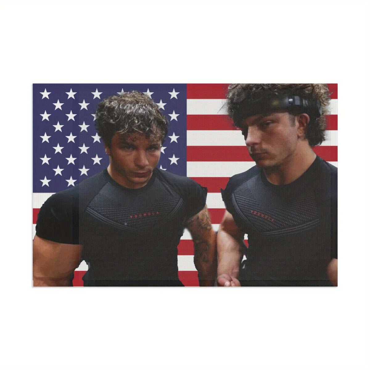 A man wearing a black athletic shirt stands in front of an American flag background.