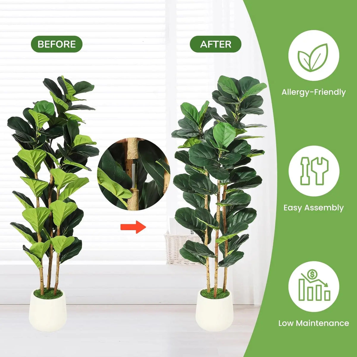 Before and after comparison of a realistic Fiddle Leaf Fig artificial tree with pot showing allergy-friendly, easy assembly, 