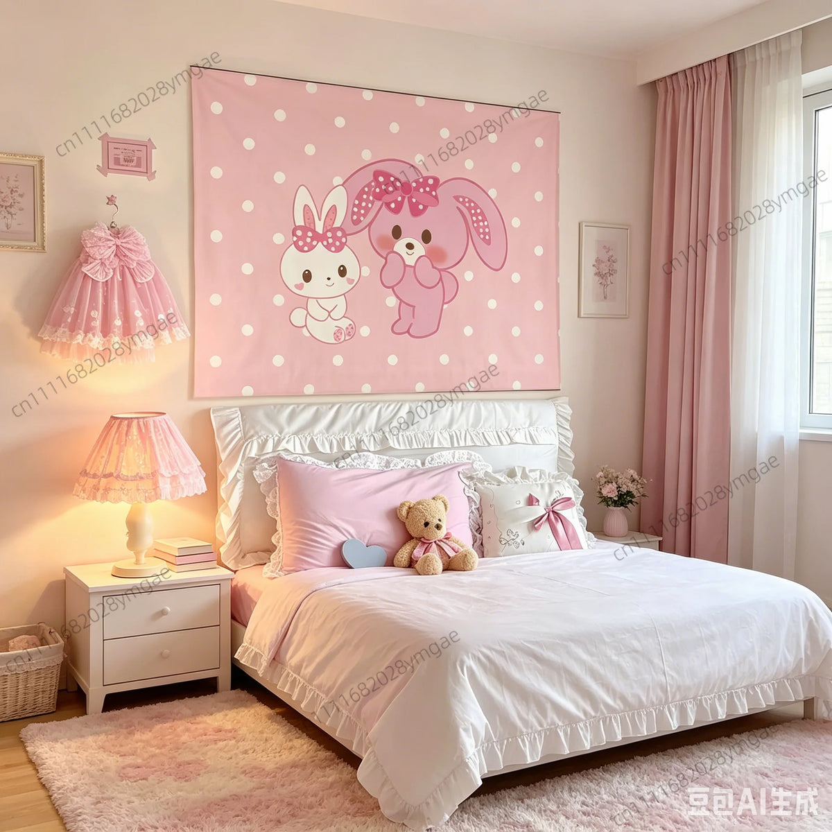 Rosa und weißes Wandteppich mit niedlichen Anime-Kaninchen über einem Bett.