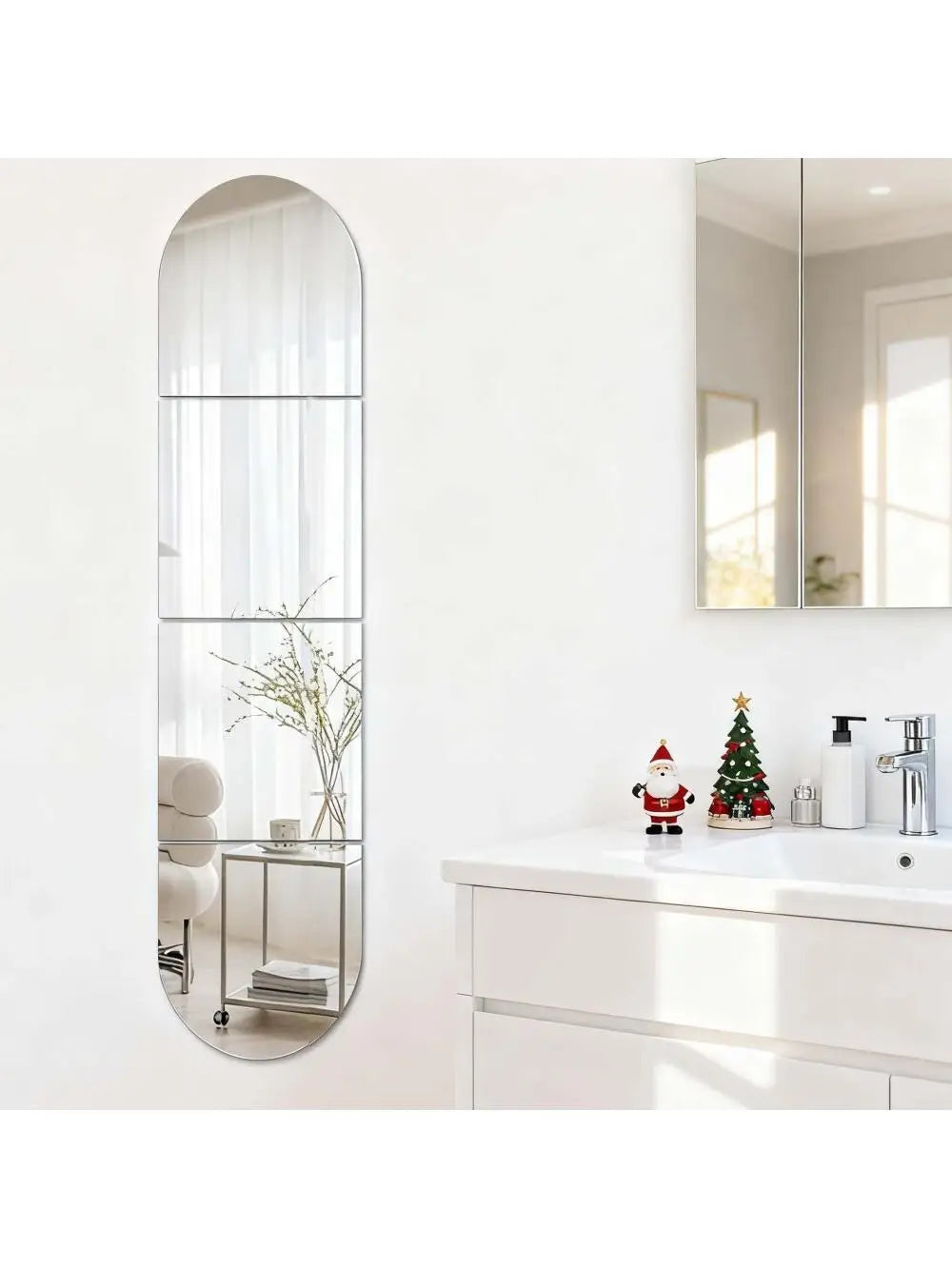 A vertical acrylic mirror wall decal with a rounded top, featuring frosted glass panels and a small decorative tree.