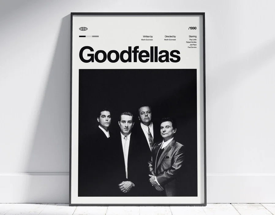 A black and white poster featuring four men in suits, titled Goodfellas.