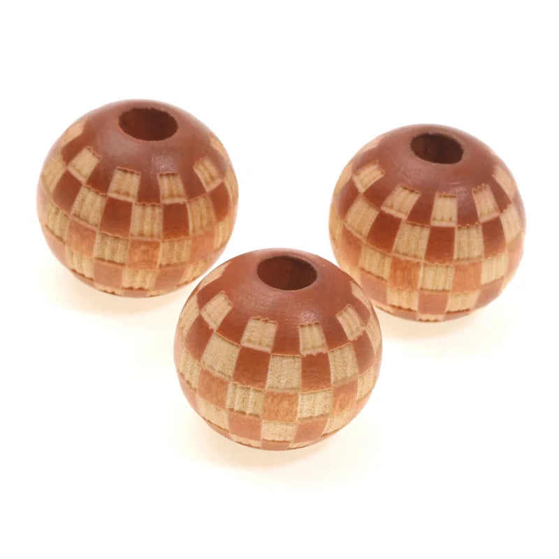 A set of natural wooden checkered beads used for jewelry making.