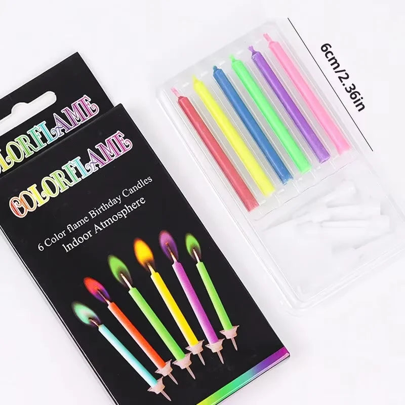 A set of six colorful flame birthday candles packaged in a clear plastic case.