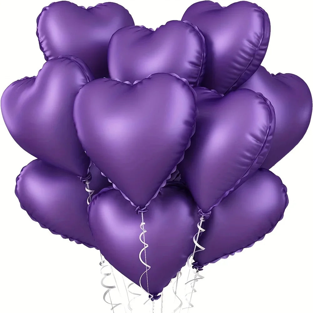 A cluster of ten purple heart-shaped foil balloons for celebrations.