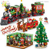 A set of Christmas themed building blocks featuring Santa, a decorated tree, and train models.
