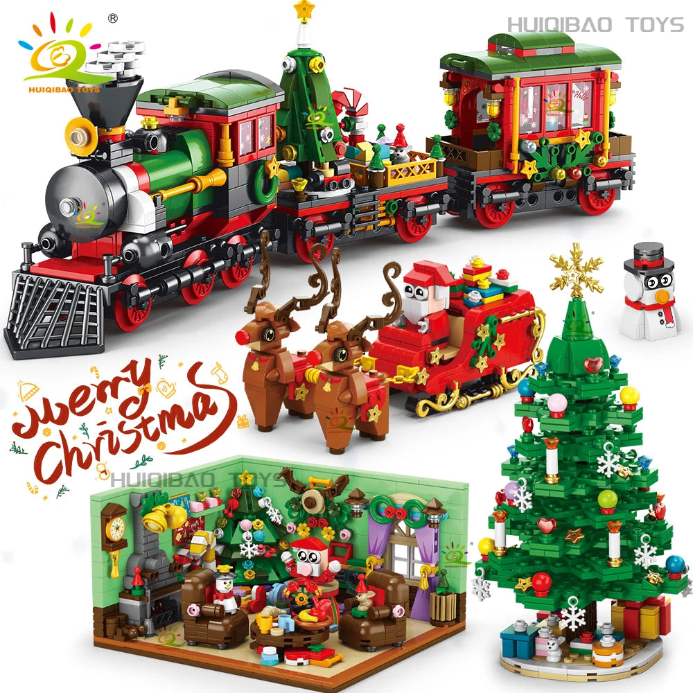 A set of Christmas themed building blocks featuring Santa, a decorated tree, and train models.