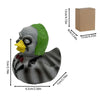 A gray and green resin figurine of a duck with a yellow beak and spooky features.